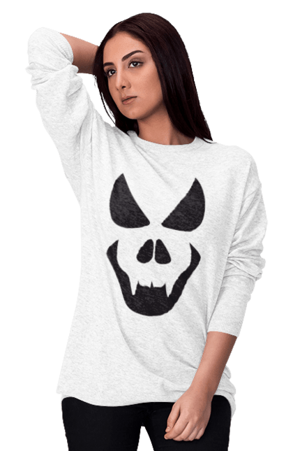 Women's sweatshirt with prints Halloween pumpkin face. Costume, halloween, holiday, october, october 31, pumpkin, scary, sweets, trick or treat. 2070702