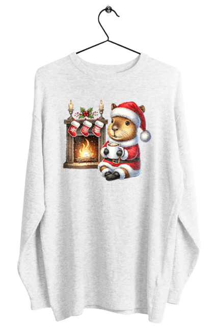 Women's sweatshirt with prints Capybara by the fireplace with hot chocolate. Animal, capybara, christmas, christmas capybara, fireplace, gift, holiday, hot chocolate, new year, santa. 2070702