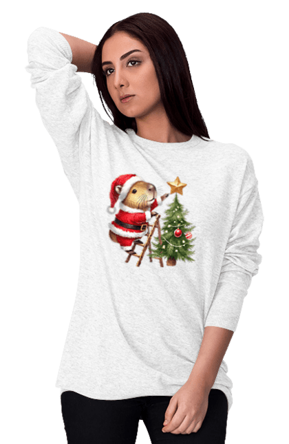 Women's sweatshirt with prints Christmas Capybara with a Tree. Animal, capybara, christmas, christmas capybara, christmas tree, gift, holiday, new year, new year`s gift, santa. 2070702