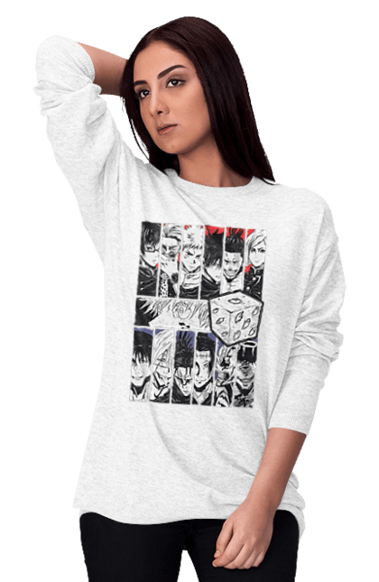 Women's sweatshirt with prints Jujutsu Kaisen. Anime, dark fantasy, gojo, jujutsu kaisen, magic battle, manga, mystic. 2070702