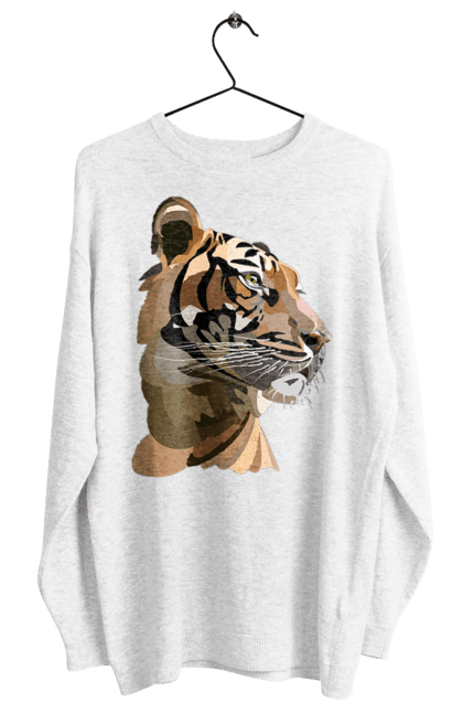Світшот жіночий з принтом "Профіль тигра". Велика кішка, великий кіт, дика природа, дикий, звір, погляд, портрет, природа, профіль, стилізація, тварина, тигр, хижак. ART принт на футболках