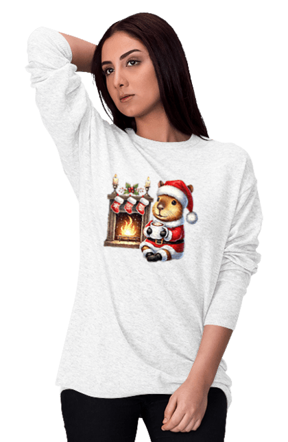 Women's sweatshirt with prints Capybara by the fireplace with hot chocolate. Animal, capybara, christmas, christmas capybara, fireplace, gift, holiday, hot chocolate, new year, santa. 2070702