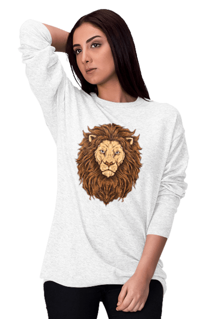 Світшот жіночий з принтом "Цар звірів". Голова лева, джунглі, лев, тварини, цар звірів. ART принт на футболках