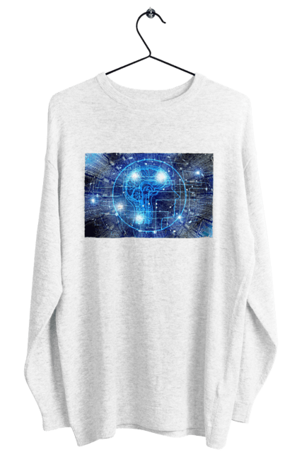 Світшот жіночий з принтом "Штучний інтелект". Айті, айтішник, гік, знання, інженер, інтелект, кібер, кібернетика, кіборг, код, комп, комп`ютерник, кристал, машинне навчання, мікросхема, мозок, портрет, програміст, професіонал, професія, розробник, розум, хакер, чіп, штучний інтелект, штучний розум. 2070702