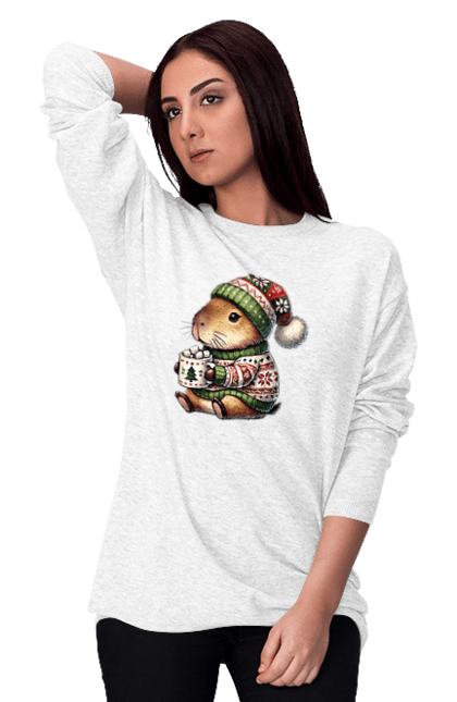 Women's sweatshirt with prints Capybara with hot chocolate. Animal, capybara, christmas, christmas capybara, gift, holiday, hot chocolate, new year, santa. 2070702