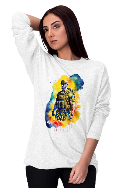 Світшот жіночий з принтом "Супер тато ЗСУ". День батька, день тата, зсу, люблю тата, супер, супер тато, супер тато зсу, тато, тато зсу, україна. 2070702