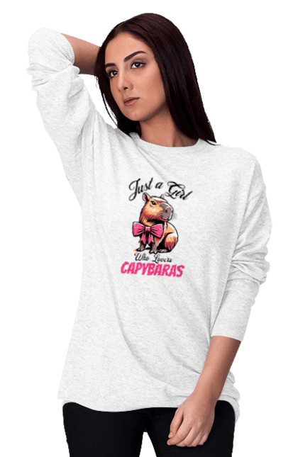 Women's sweatshirt with prints Capybara. Animal, bow, capybara, pink, rodent. 2070702