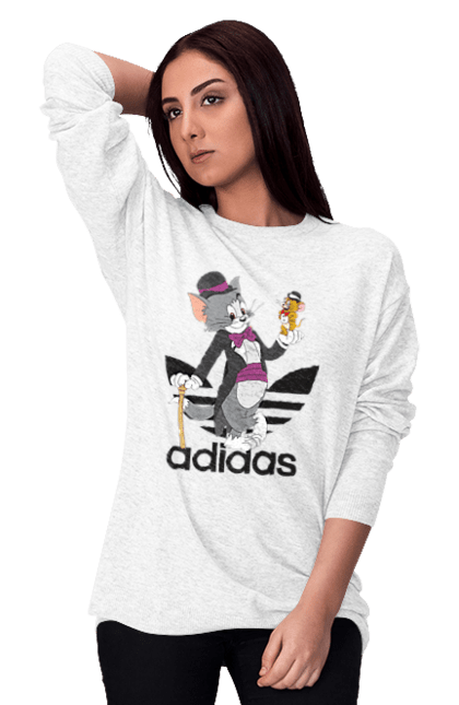 Свитшот женский с принтом Adidas Том и Джерри. Adidas, tom and jerry, адидас, джерри, кот, мульт, мультсериал, мышь, том, том и джерри. 2070702