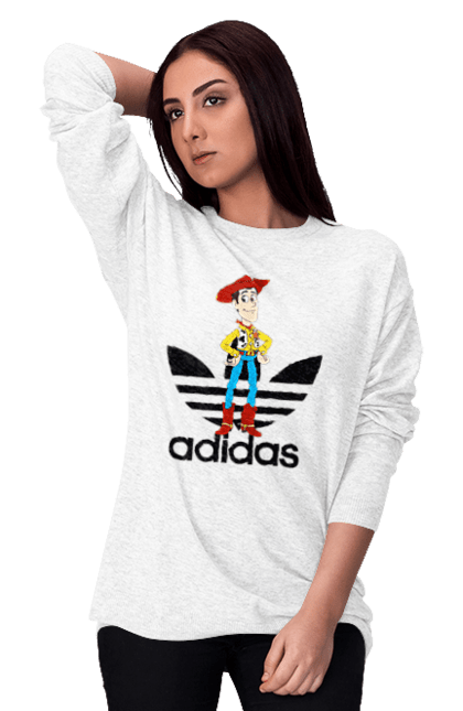 Свитшот женский с принтом Adidas Вуди. Adidas, toy story, woody, адидас, вуди, история игрушек, мультфильм. 2070702