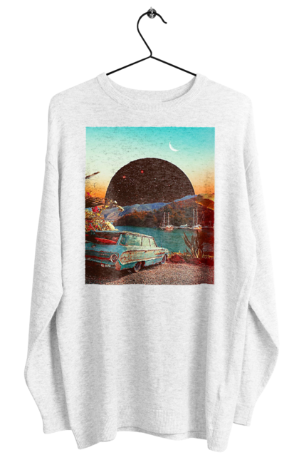 Світшот жіночий з принтом "Картина, машина біля річки". Картина, машина, планета, прикол, ретро, річка. 2070702