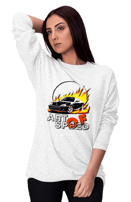 Світшот жіночий з принтом "Автомобіль у вогні". Авто, автомобіль у вогні, гонка, дрейф, спорт, спортивна машина, швидкість. 2070702