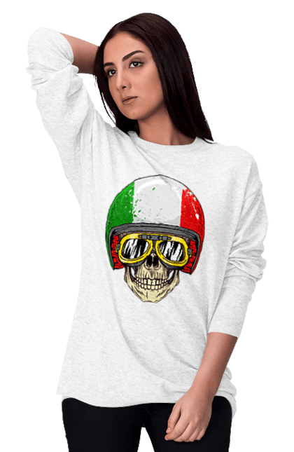 Світшот жіночий з принтом "Череп в мотошоломі". Мото, окуляри, череп, шолом. 2070702