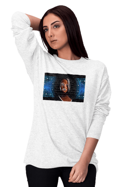 Світшот жіночий з принтом "Штучний Розум". Айті, айтішник, гик, жінка, знання, інженер, інтелект, кібер, кібернетика, кіборг, код, комп, комп`ютерник, кристал, машинне навчання, мікросхема, мозок, портрет, програміст, професіонал, професія, розробник, розум, світиться, світло, хакер, чіп, штучний інтелект, штучний розум. 2070702