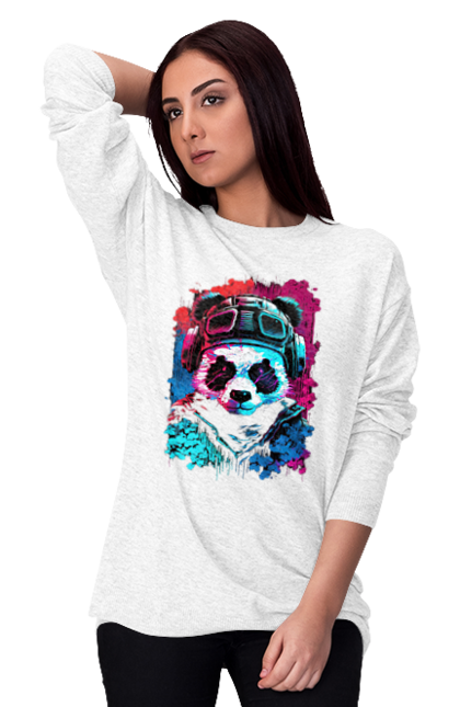 Світшот жіночий з принтом "Панда в VR шолом". Віртуальна реальність, гік, панда, персонаж, шолом. 2070702