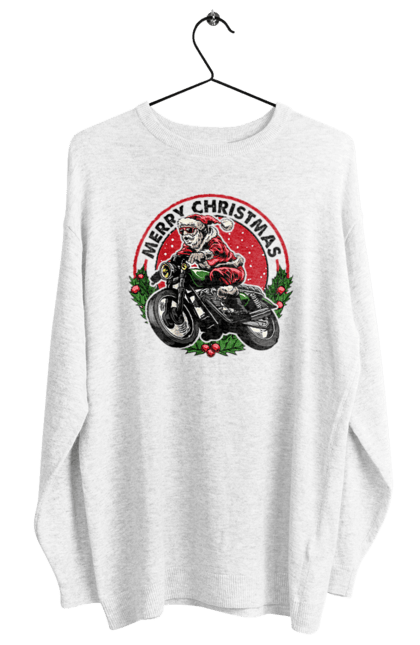 Світшот жіночий з принтом "Щасливого Різдва, дід мороз на мотоциклі". 2022, дід мороз, зима, мотоцикл, новий рік, подарунки, різдво, санта, сніг. 2070702