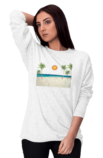 Світшот жіночий з принтом "Гавайський Пляж". Гаваї, літо, море, пальми, пляж, сонце. CustomPrint.market