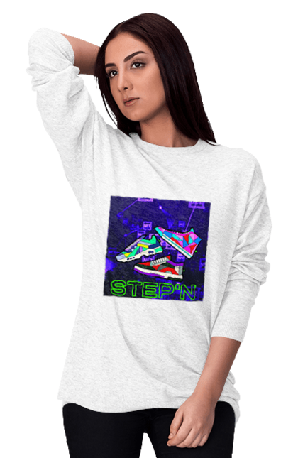 Світшот жіночий з принтом "Step`n". Віртуальні кросівки, крипта, криптовалюти, нфт, нфт кросівки, солана, степен. 2070702