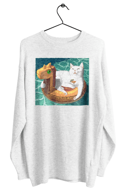 Світшот жіночий з принтом "Білий кіт у плавальному колі, на відпочинку". Басейн, відпочинок, кіт, коктейль, море, плавальний круг. 2070702