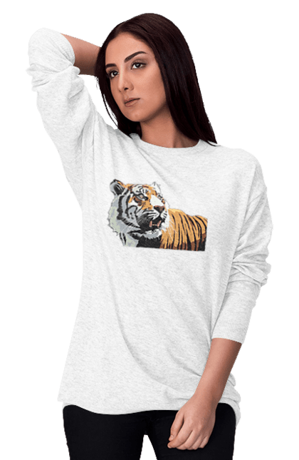 Світшот жіночий з принтом "Погляд тигра". Велика кішка, великий кіт, дика природа, дикий, звір, зуби, паща, погляд, портрет, природа, стилізація, тварина, тигр, хижак. CustomPrint.market