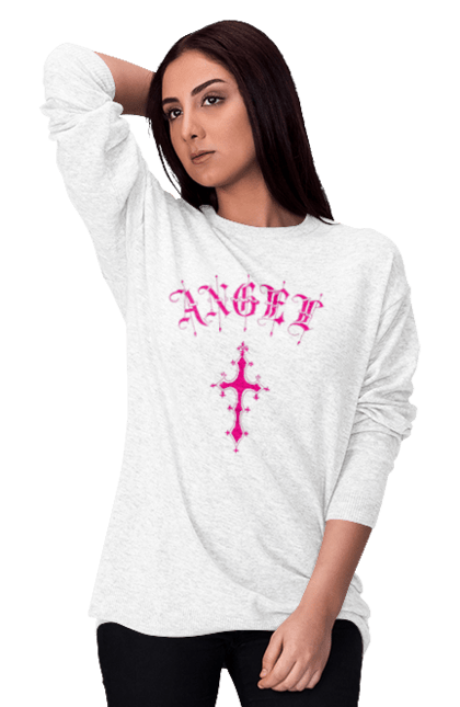 Світшот жіночий з принтом "Логотип Ангел". Готичний стиль, готичний шрифт, логотип, рожевий, хрест, хрестик, янгол. 2070702