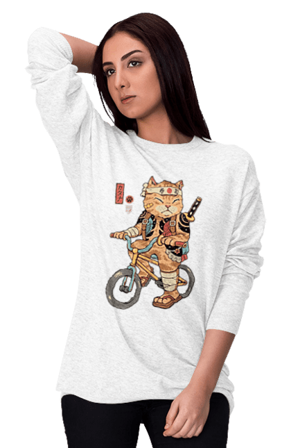 Світшот жіночий з принтом "Кіт на велосипеді". Велосипед, кинжал, китайський кіт, кіт, самурай, шабля, японський кіт. CustomPrint.market