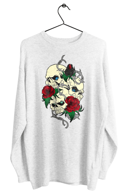Свитшот женский с принтом Черепа с розами. Глаза, зубы, кости, листья, роза, розы, цветы, череп, шипы. 2070702