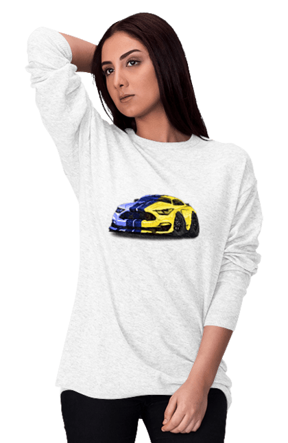 Світшот жіночий з принтом "Український мустанг". Жовто блакитне авто, кольори україни, машина, мустанг, суперкар, форд мустанг, шелбі. 2070702