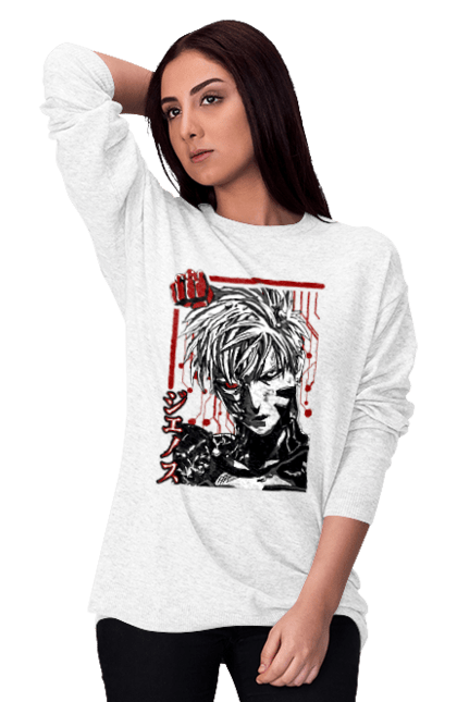 Women's sweatshirt with prints One Punch Man Genos. Anime, comedy, cyborg, demon, demon cyborg, genos, manga, one punch man, parody, superheroes. 2070702