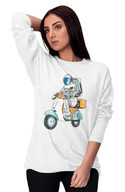 Світшот жіночий з принтом "Космонавт на мотоциклі". Космонавт, космос, мотоцикл. 2070702