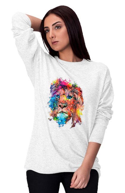 Світшот жіночий з принтом "Лев із фарби". Барвистий лев, індійський лев, лев, лев та холі, розмальовка, святковий лев, фарби, холи. 2070702