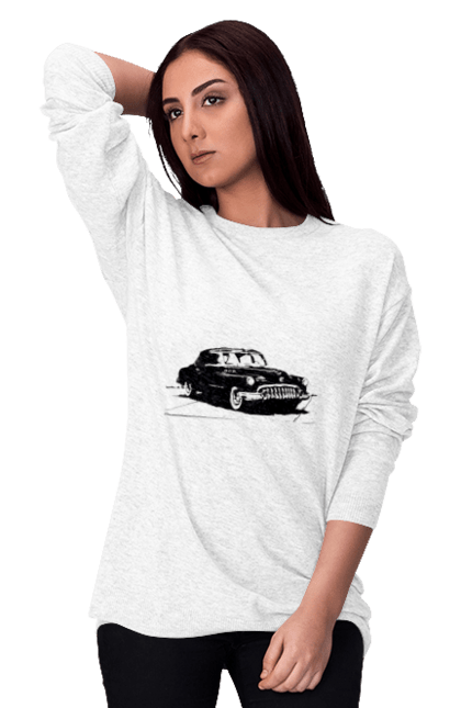 Світшот жіночий з принтом "Авто.6". Авто, графіка, малюнок, ретро авто, чорно-білий. 2070702