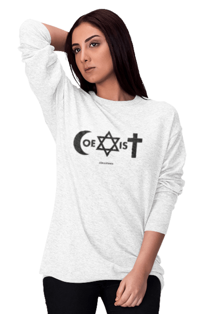 Світшот жіночий з принтом "Coexist". Coexist, іслам, іудаїзм, міжрелігійний діалог, релігія, рівність, символи віри, толерантність, християнство. 2070702