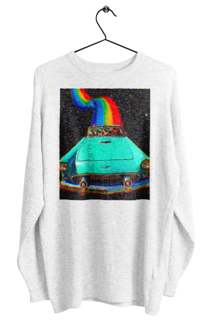 Світшот жіночий з принтом "Картина, машина у космосі". Веселка, картина, космос, машина, подорожі, поїздка, прикол, ретро. 2070702