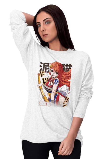 Women's sweatshirt with prints One Piece Nami. Anime, cat burglar, manga, nami, one piece, straw hat pirates. 2070702