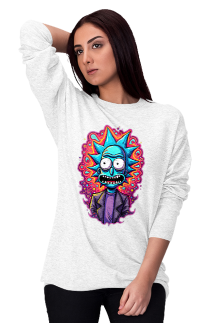 Women's sweatshirt with prints Rick and Morty. Adventures, black humor, cartoon, rick, rick and morty, sci-fi, tragicomedy. 2070702