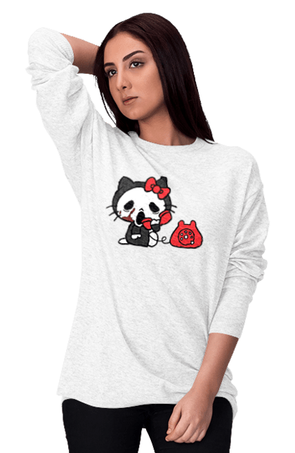 Свитшот женский с принтом Хелло Китти Хэллоуин. Halloween, hello kitty, бренд, кот, котенок, персонаж, хелло китти, хэллоуин. 2070702