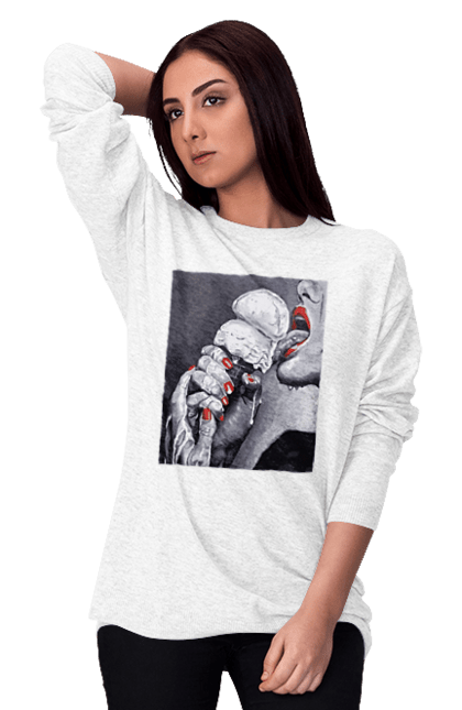 Women`s sweatshirt with prints Taste of popsicles. Appetizing popsicle, ice cream flavor, licks tongue, she licks, taste of popsicles. 2070702