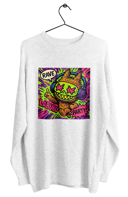 Світшот жіночий з принтом "Лабубу". Вечірка, вуличне мистецтво, графіті, зоряніочі, коміксстиль, лабубу, навушники, неон, попарт, рейв. 2070702