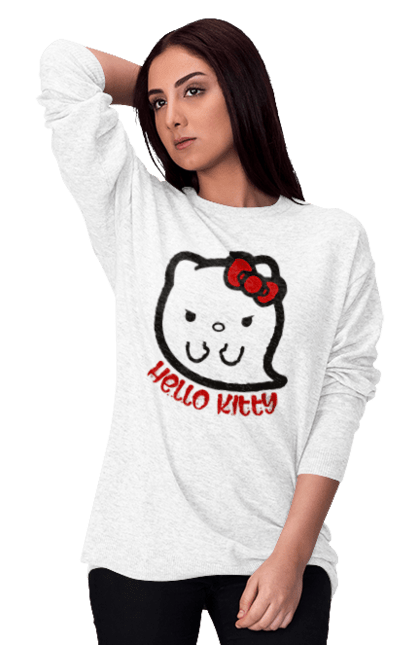 Свитшот женский с принтом Хелло Китти Хэллоуин. Ghost, halloween, hello kitty, бренд, кот, котенок, персонаж, привидение, хелло китти, хэллоуин. 2070702