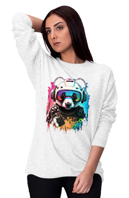 Світшот жіночий з принтом "Панда в VR шолом". Віртуальна реальність, гік, панда, персонаж, шолом. 2070702