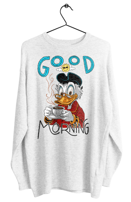 Свитшот женский с принтом Скрудж Макдак. Scrooge mcduck, uncle scrooge, дисней, дядя скрудж, кофе, макдак, скрудж, скрудж макдак, чашка. 2070702