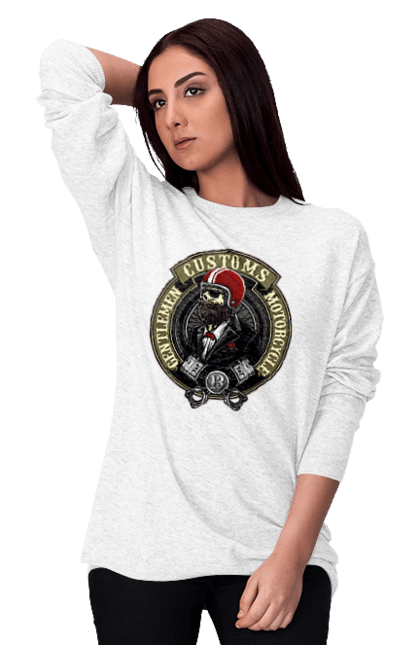 Women`s sweatshirt with prints Gentlemen motorcycle. Gentleman, helmet, motorcycle, skull. 2070702