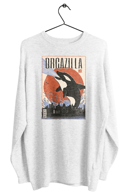 Women's sweatshirt with prints Orcazilla. Cartoon style design, graphic, japan print, japanese, japanese art, japanese poster, japanese poster orca, ocean wildlife, orca, orcazilla. 2070702