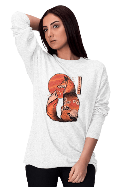 Women's sweatshirt with prints Kitsune. Animal, cherry blossoms, flowers, fox, great wave, japan, japanese, kitsune, mount fuji, red fox. 2070702