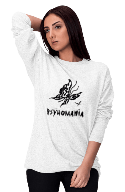 Світшот жіночий з принтом "Psyhomania Black". Psyho, готика, гранж, графіті, малюнок, метелик, психо, рок, хіпі. CustomPrint.market