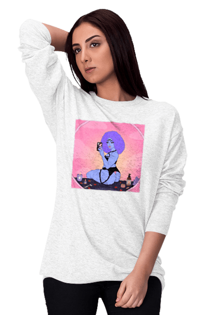 Women`s sweatshirt with prints Purple Girl Photo In The Mirror. Mirror, whiteness. 2070702