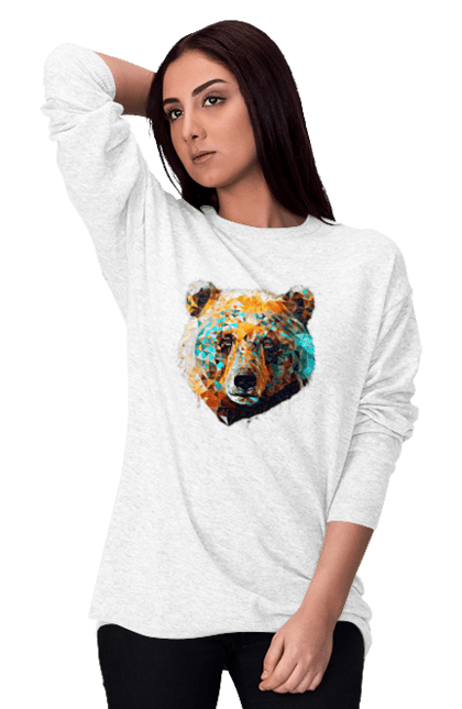 Світшот жіночий з принтом "Ведмідь кольоровий". Арт, ведмідь, кольоровий, мозаїка, природа, тварина. CustomPrint.market
