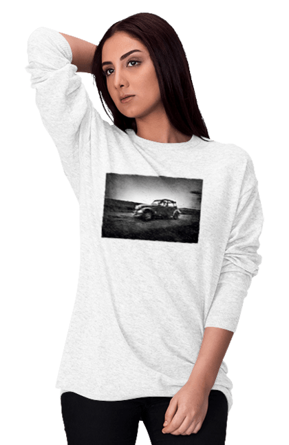 Світшот жіночий з принтом "Ретро машина чб". Авто, ретро, ретро машина, чорно біла машина. 2070702