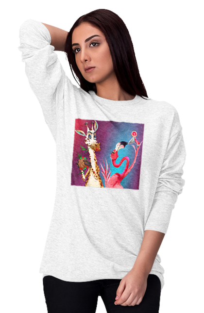 Світшот жіночий з принтом "Жираф І Фламінго На Вечірці". Жираф, їжа, коктейль, фламінго. 2070702