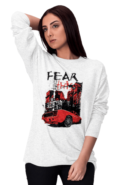 Світшот жіночий з принтом "Червона Машина В Місті". Їзда, машина, місто. 2070702